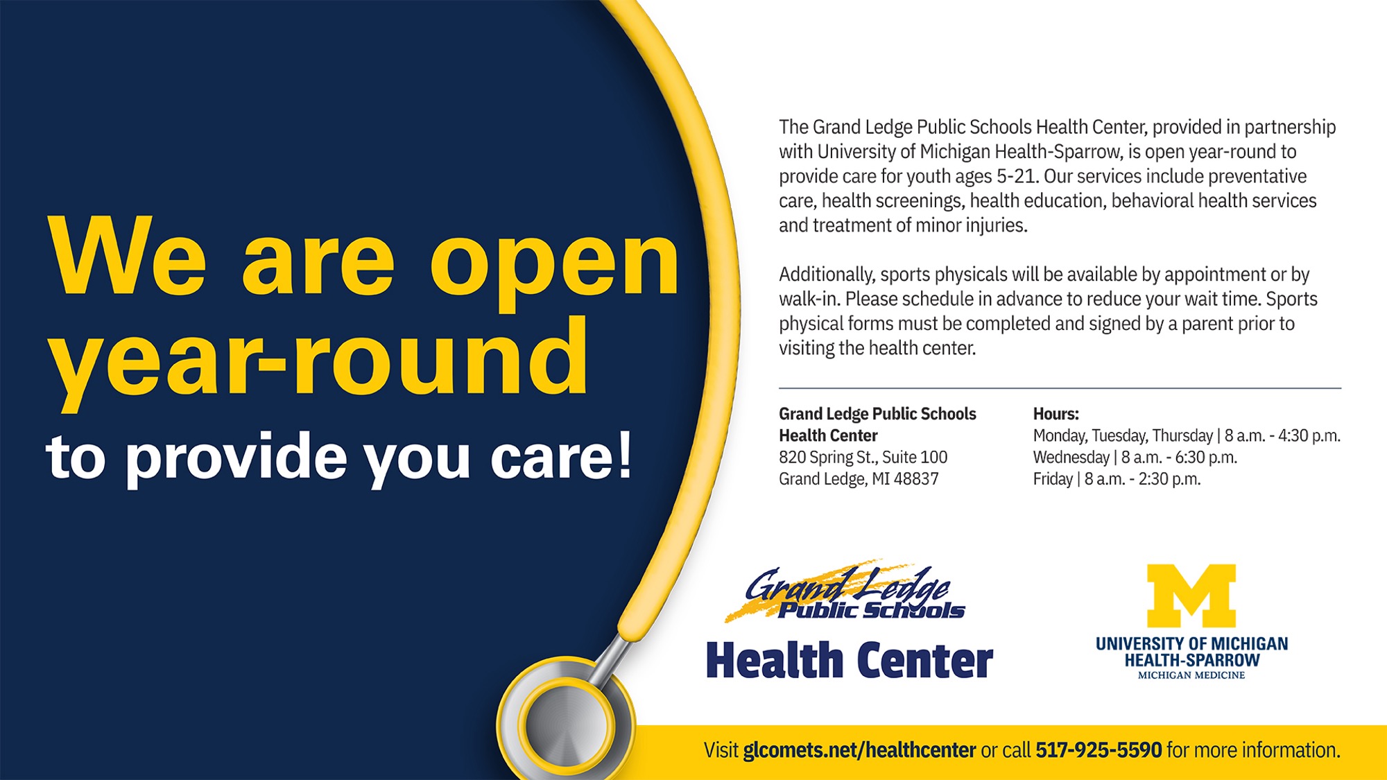 GLPS Helath Center is open year-round.