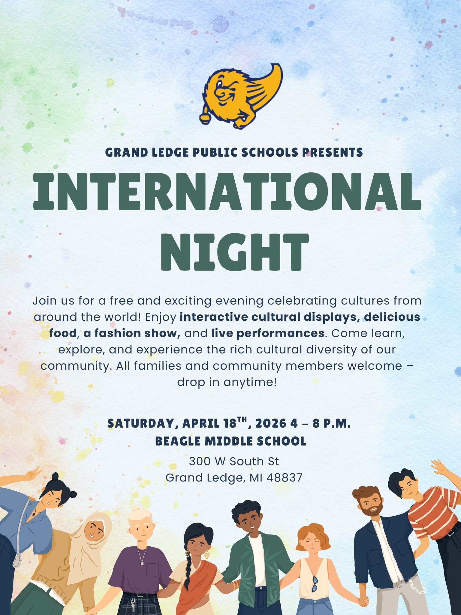 SAVE THE DATE...  International Night is Saturday, April 18th, 2026 4 - 8 p.m.  at Beagle Middle School, 600 W. South St., Grand Ledge, MI 48837